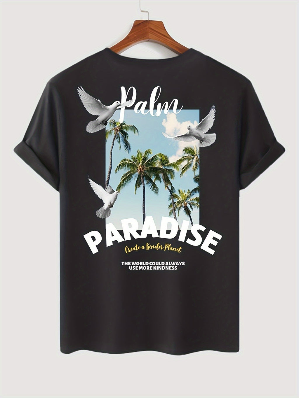 Men's Coconut Tree Pattern T-shirt, Casual Breathable Round Neck Short Sleeved T-shirt, Suitable For Outdoor Activities