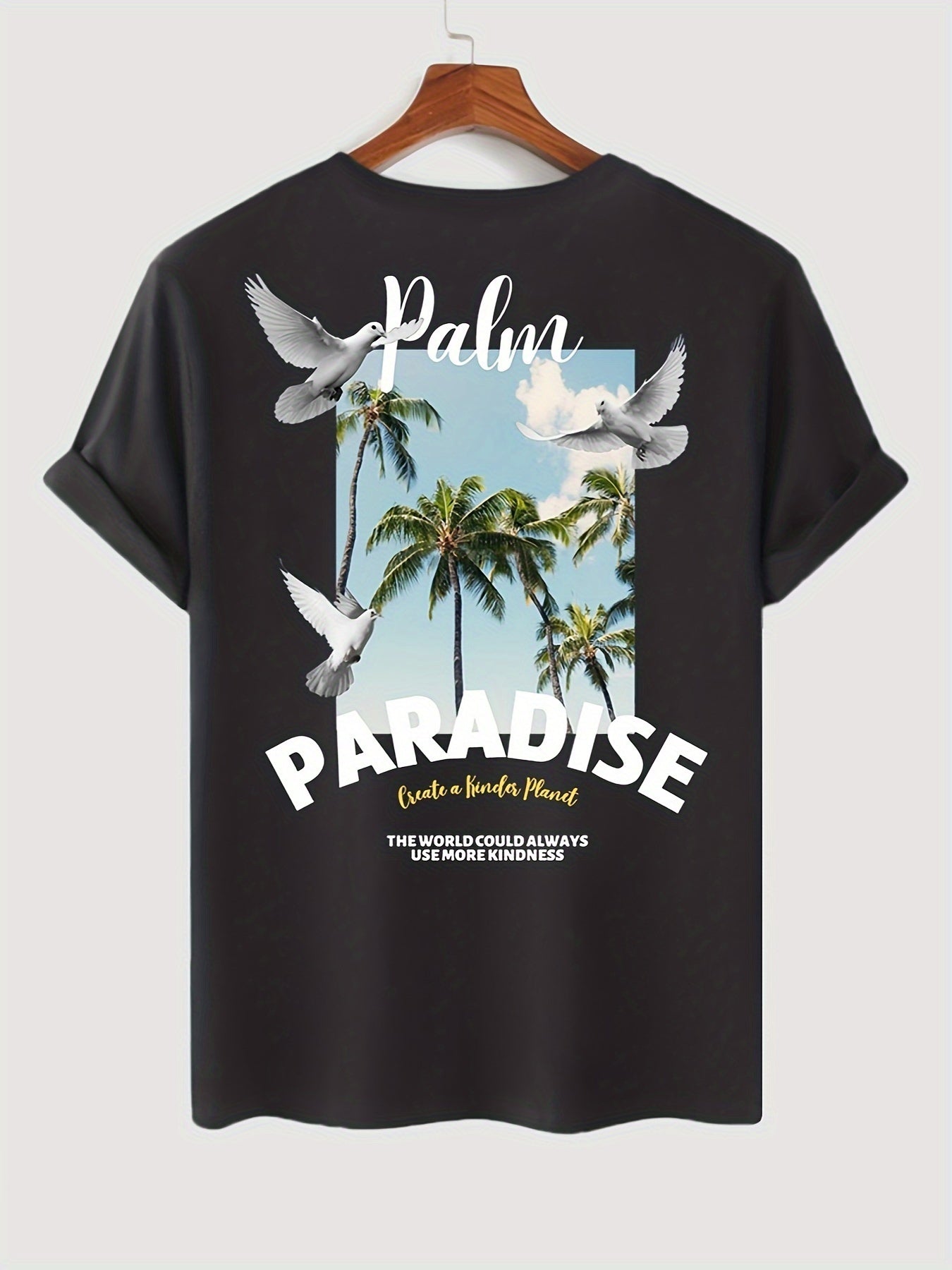 Men's Coconut Tree Pattern T-shirt, Casual Breathable Round Neck Short Sleeved T-shirt, Suitable For Outdoor Activities