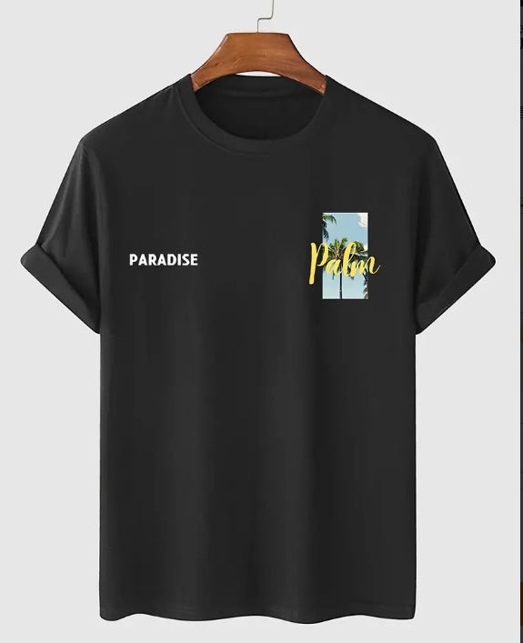 Men's Coconut Tree Pattern T-shirt, Casual Breathable Round Neck Short Sleeved T-shirt, Suitable For Outdoor Activities