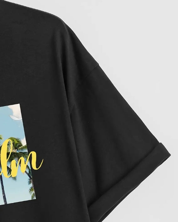 Men's Coconut Tree Pattern T-shirt, Casual Breathable Round Neck Short Sleeved T-shirt, Suitable For Outdoor Activities