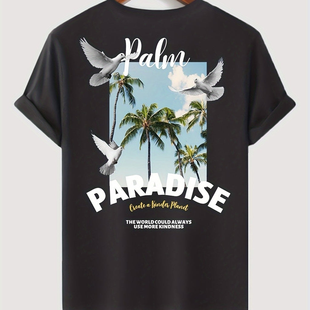 Men's Coconut Tree Pattern T-shirt, Casual Breathable Round Neck Short Sleeved T-shirt, Suitable For Outdoor Activities