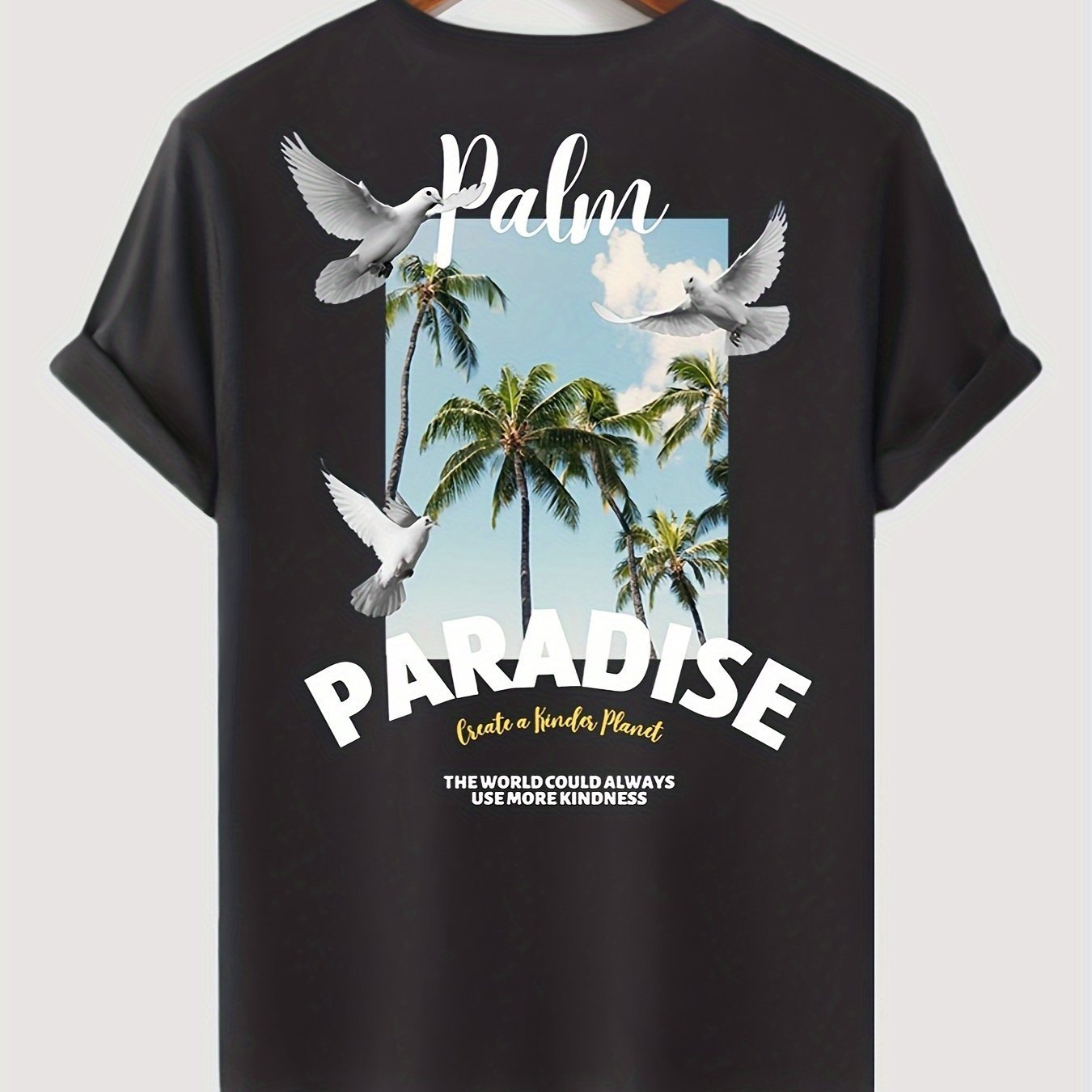 Men's Coconut Tree Pattern T-shirt, Casual Breathable Round Neck Short Sleeved T-shirt, Suitable For Outdoor Activities